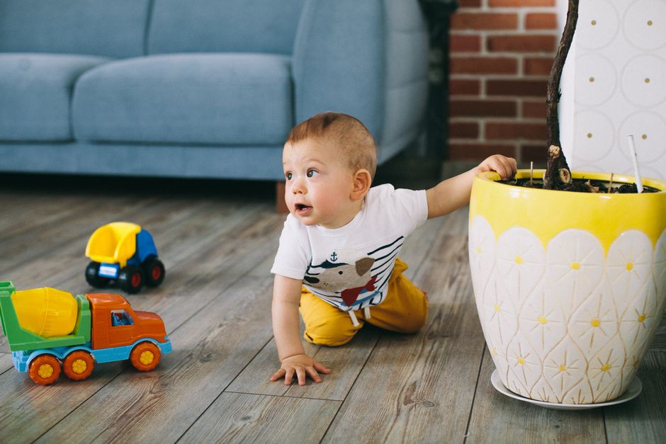 A young baby crawling on the carpet surrounded by safe, large toys