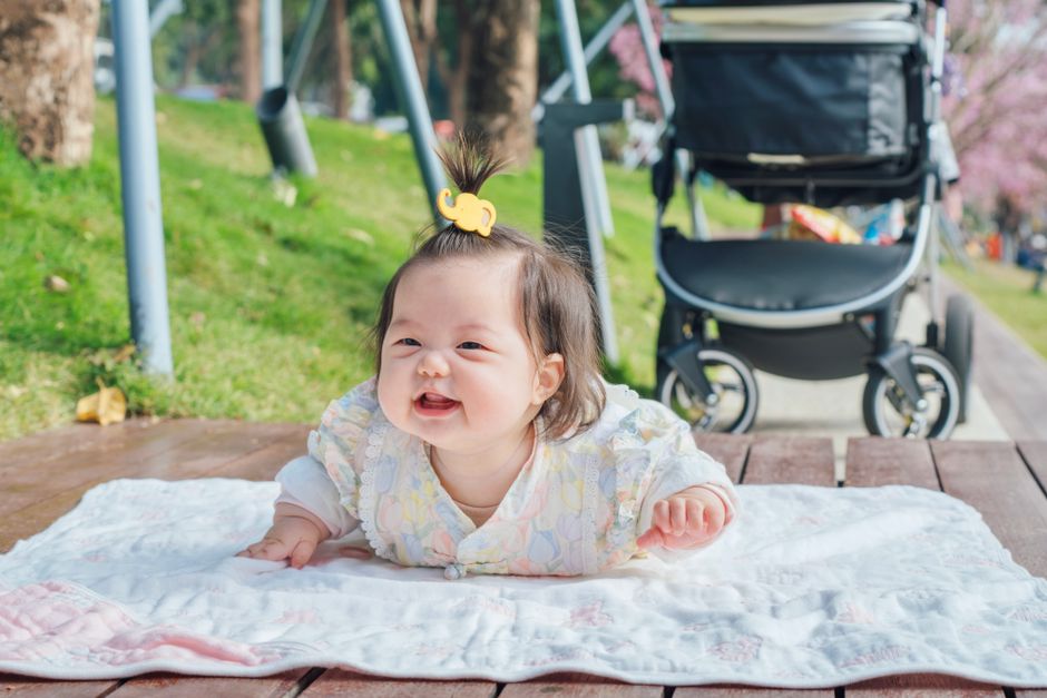 A smiling baby enjoying outdoor playtime on a blanket